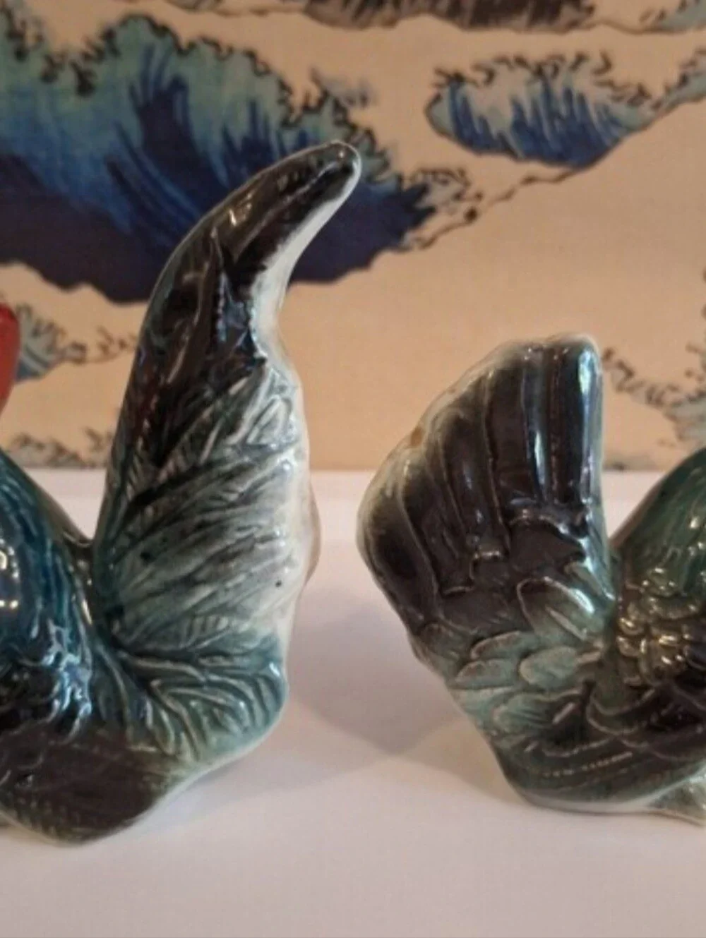 Source Unknown Blue and Red Ceramic Rooster Salt & Pepper Shakers